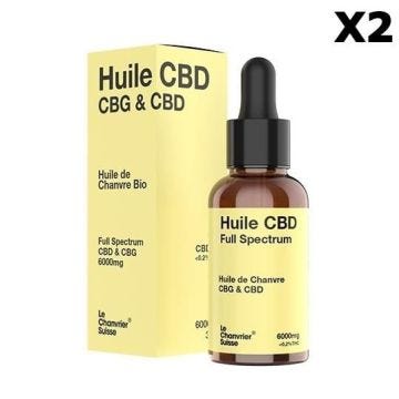 Lot de 2 Huiles CBD & CBG Bio Le Chanvrier Suisse, Full Spectrum 6000mg / 20%, (2x30ml), 100% Naturel, Vegan, Fabriquée en France.