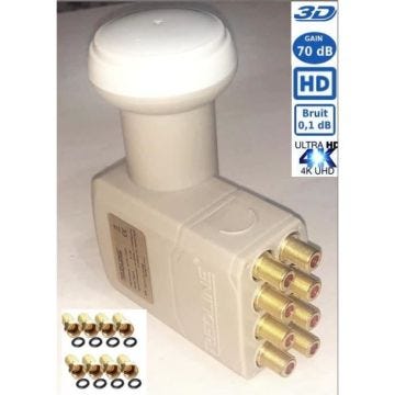 LNB OCTO MX-8100 , 0.1dB ,High Gain 60DB !! Tête Parabole 8 sorties , Compatible Full HD 4K TNTSATCanal+ Astra et FRANSAT+8fiches F