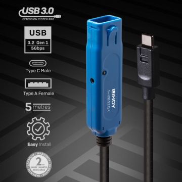 Câble USB - LINDY - 43380 - USB 3.2 Gen1 - 5.00 m - Noir/Bleu