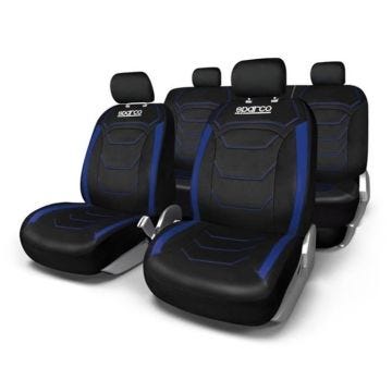 JEU DE HOUSSES COMPLET PREMIUM SPARCO NOIR LISERE BLEU PVC+POLYEST