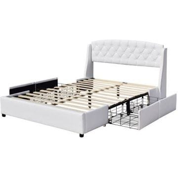 iris - Solide et Confortable Lit 120x190 avec Sommier avec 4 tiroirs Tete de lit Couleur BLANC Pieds en 4 cm