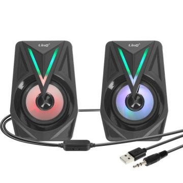 Haut-parleurs Jack pour PC et TV avec LED Coloré Son Puissant LinQ Noir