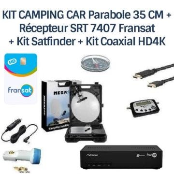 KIT CAMPING CAR Parabole 35 CM + Récepteur SRT 7407 Fransat + Kit Satfinder + Kit Coaxial HD4K