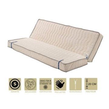 Literie -Matelas Très Ferme Pour Clic Clac 120x190 x 20 cm - Dim Assise 60 cm - 5 zones de Confort - Déhoussable Housse Lavable - N