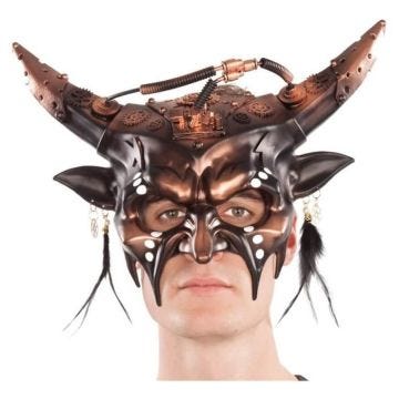 Masque Steampunk en cuivre avec cornes et plumes - DisfraZZes