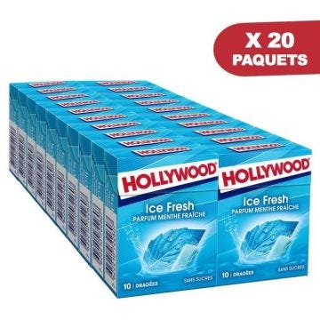 HOLLYWOOD Chewing Gum Ice Fresh - Parfum Menthe Fraîche - Sans Sucre avec édulcorants - Lot de 20 paquets de 10 dragées x 14 g