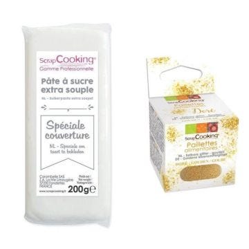 Pâte à sucre de couverture blanche 200 g + paillettes dorées