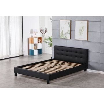 Lit - placage MDF Massif - Noir - 180x200 - Sommier Lattes - Tte de Lit Capitonne