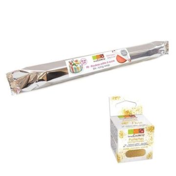 Rouleau de pâte à sucre blanche Ø 36 cm + paillettes dorées