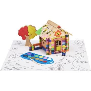 Chalet à Peindre 85 Pièces - JEUJURA - Jeu de Construction en Bois Naturel, Accessoires et Peinture Inclus, 26x24x9 cm
