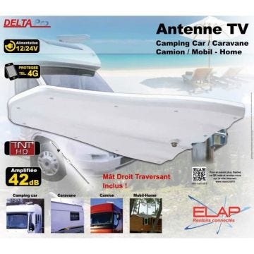 Antenne VHF UHF Caravane Amplifiée HD4K - DELTA PRO - Gain Haut 42 dB - Très faible encombrement
