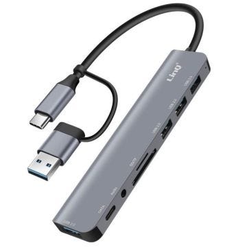 Hub USB Support OTG 5 Gbps Lecteur Carte SD / TF et Audio Jack 3.5mm LinQ Gris