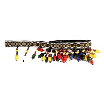 Ruban imprimé marron avec pompons et rocaille - MegaCrea DIY - Larg. 12 mm - Multicolore