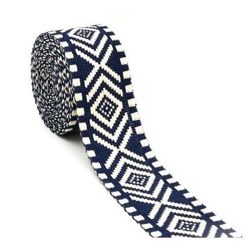AnseTendance sangle coton 38mm rouleau de 10 mètres bicolore ethnique motif losange géométrique sacs couture bleu marine et blanc