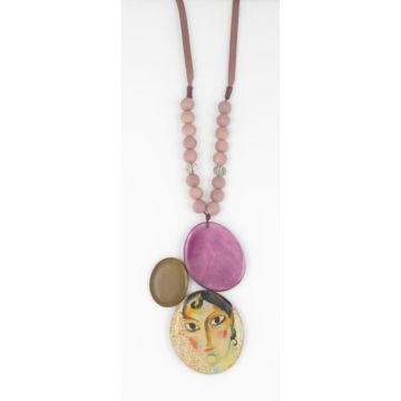 Sautoir rose avec portrait - Fanny Fouks Multicolore - Bois - Femme