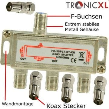 TronicXL Répartiteur 3 voies BK Câble Repartiteur d'antenne TV Antenne Satellite pour TNT télévision par câble SAT dvbs dvbs2 DVB