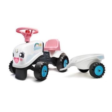 Porteur Tracteur Rainbow Farm avec remorque - FALK - Pour filles dès 1 an - Formes rondes et couleurs pastels