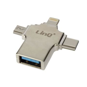 Adaptateur OTG 3 en 1 Lightning, USB-C et Micro-USB vers USB - LINQ - Compact - Argent