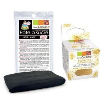 Pâte à sucre noire 100 g + paillettes dorées