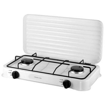 Réchaud à Gaz 2 Feux avec Couvercle Rabattable Facile à Nettoyer - HOMESTAR - Blanc - Camping