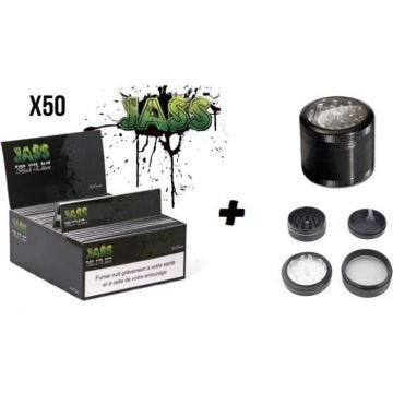 Lot de 50 carnets de 32 feuilles à rouler Jass Slim Black Edition & Grinder Moulin à herbes Window Polinator aluminium 4 parties.