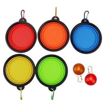 Ensemble de 5 couleurs bols de chien de voyage pliables avec 2 pendentifs de chien LED gratuits