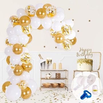 Kit Guirlande et Arche de Ballons | Ballons Blancs et Dorés | Outil de nouage | Rouleau Bande de Ballons et Points de Colle | D A310