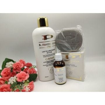 mini gamme caviar de chez Françoise Bedon lait 500ml, savon et sérum nettoyant