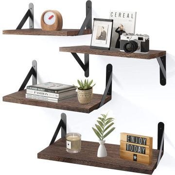 Lot de 4 Étagère Murale Bois et Métal Charge Maximal 20 Kg pour Salon Chambre Bureau Salle de Bains ou Cuisine