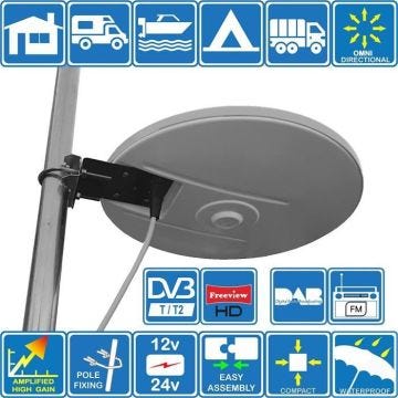 Helio - amplifiée numérique omnidirectionnelle d'antenne TV HD de Gain Haut 33dB TNT DVB-T FM Dab. 12V - 24V idéal pour Camping A25