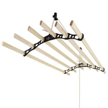 Etendoir à Linge Suspendu de 1,4 Mètre, 6 Lattes en Pin Vernissés, Supports en Fonte et Poulie Noirs Etendoir à Linge Suspendu de 1,4 Mètre, 6 Lattes en Pin Vernissés, Supports en Fonte et Poulie Noirs