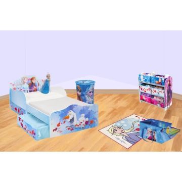 REINE DES NEIGES Pack chambre 6 éléments : Lit 140x70 cm sans matelas, Meuble rangement, Tapis, Peluche, Tapis de jeu, Sac à linge