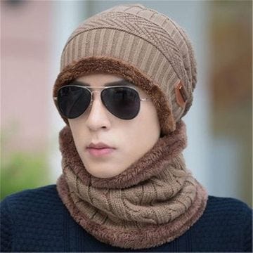 Hiver Bonnet Chapeau Écharpe Ensemble, Hiver Tricotés Bonnet Écharpe Ensemble avec Doublure Polaire pour Femmes et Hommes,kaki