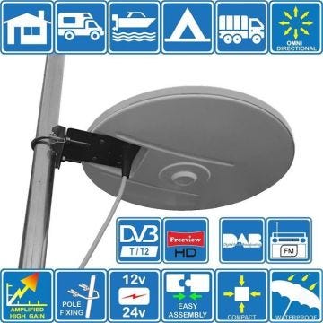 Helio - amplifiée numérique omnidirectionnelle d'antenne TV HD de Gain Haut 33dB TNT DVB-T FM Dab. 12V - 24V idéal pour Camping-C