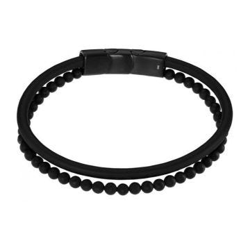 Bracelet - LOTUS - Style Urban Man - Cuir noir - 21 cm - Double rang