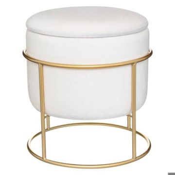 Atmosphera - Pouf et Coffre de rangement en Velours Blanc Ivoire et support en métal D 42 x H 44 cm