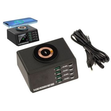 Station de charge 110W intelligente 8 ports PD 45W, QC 3.0 18W et induction 15W. Support de charges rapides en 5V 9V 12V 15V 20V