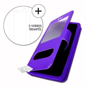 Super Pack Housse pour ILA 8X Extra Slim 2 Fenêtres éco cuir + 2 Verres de protection Haute Transparence VIOLET