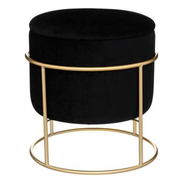 Atmosphera - Pouf et Coffre de rangement en Velours Noir et support en métal D 42 x H 44 cm