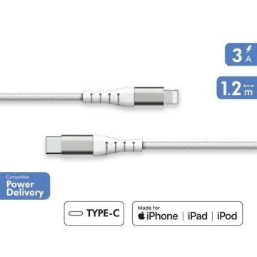 Câble Renforcé USB C/Lightning 1,2m 3A Garanti à vie Blanc - 100% Plastique recyclé Force Power Lite
