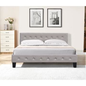 Lit simple en placage MDF avec sommier et tte de lit capitonne - Couleur gris - 13 lattes