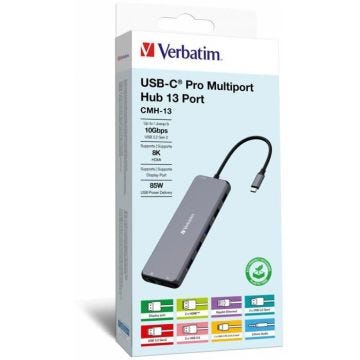 Hub multiport USB-C Pro VERBATIM - CMH-13 - 13 Ports - HDMI, DP, SD, micro SD, Ethernet, USB-A, USB-C - Noir