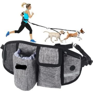 Laisse 2 Chiens double Mains Libres hydratation Absorption de Choc, Confortable, téléphone , clefs ...canicross , Course à pied