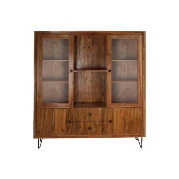 vaisselier style moderne verre, acacia marron, noir 145 cm