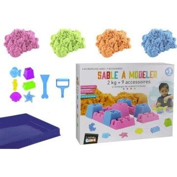 Coffret 2Kg De Sable Magique - 9 Accessoires (4x 500g de sable bleu, rose, orange, vert)