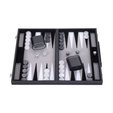 Backgammon de Luxe 18" 45,5 cm- Haute qualité -Simili Cuir, Feutre spécial incrusté, jetons et dés nacrés (Noir/Blanc/Gris)