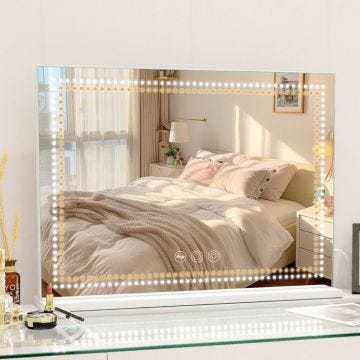 FENCHILIN Miroir de maquillage Illuminé- Perles lumineuses Scintillantes - Trois modes d'éclairage -80cm x 58cm Blanc