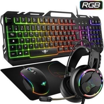 SPIRIT OF GAMER – PRO-MKH5 Pack Gaming 4 En 1 – Clavier RGB Anti-Ghosting /  Souris 7 Boutons RGB  6400 DPI / Casque RGB / Tapis inc