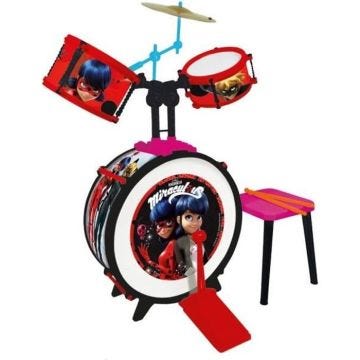 MIRACULOUS/LADYBUG Batterie et tabouret (Grosse caisse, deux tambours, bongo, cymbale, baguettes professionnelles)