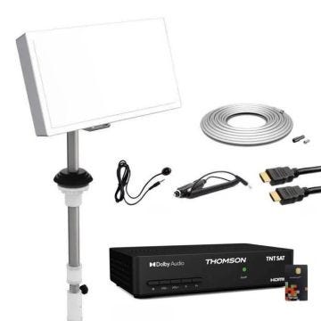 SELFSAT KIT PARABOLE PLATE AVEC LNB SINGLE 1 SORTIE INTÉGRÉ + RÉCEPTEUR TNTSAT + CÂBLE COAXIAL 20M